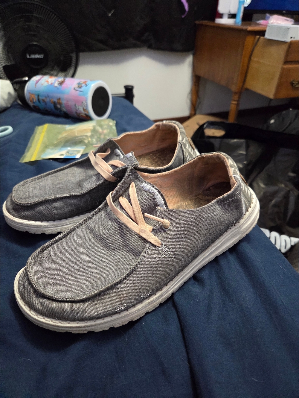 Hey Dude Women's Gray Canvas Slip-On Loafers with Pink Laces